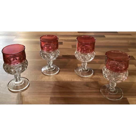 4 Vintage Tiffin Glass King’s Crown Flashed Cranberry Thumbprint Wine Glasses - Picture 4 of 9